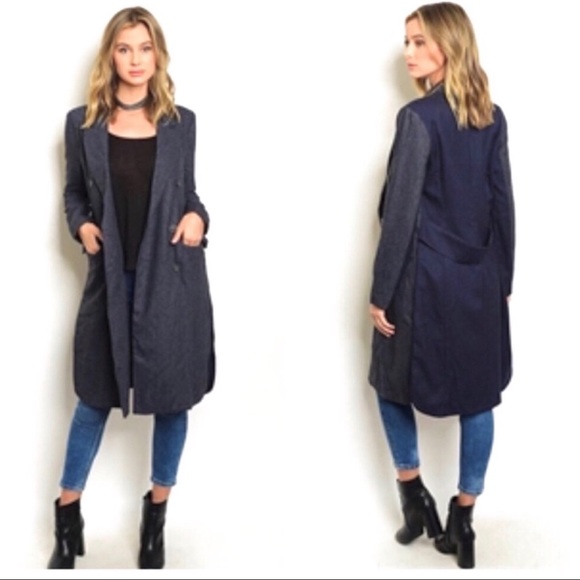 SMALL DENIM AND NAVY COLORED FABRIC‎ TWO TONED COAT✨TRENCH✨COLD WEATHER✨NEW - Picture 1 of 10